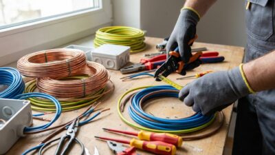 Instalador midiendo y pelando cables de distintas secciones en el banco de trabajo